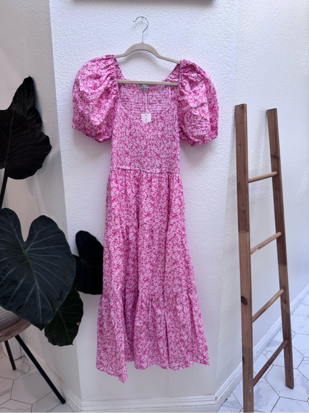 Anthropologie Moon River Pink Floral Puff-Sleeve Maxi Dress With Smocked Top